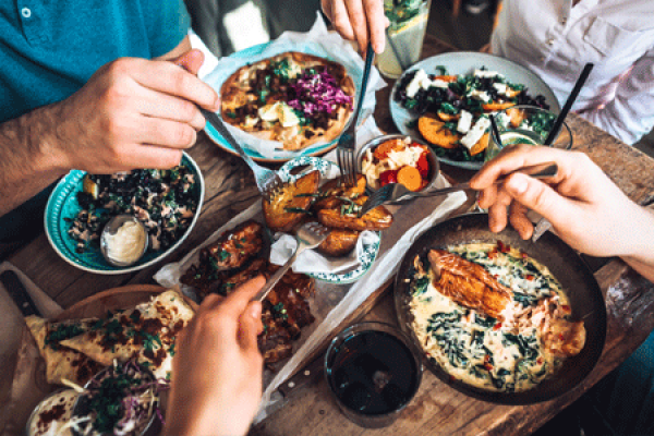 aerial view of people eating