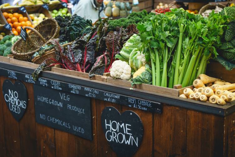 leafy greens in a farmers market display