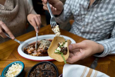 Two people enjoying Fajitas